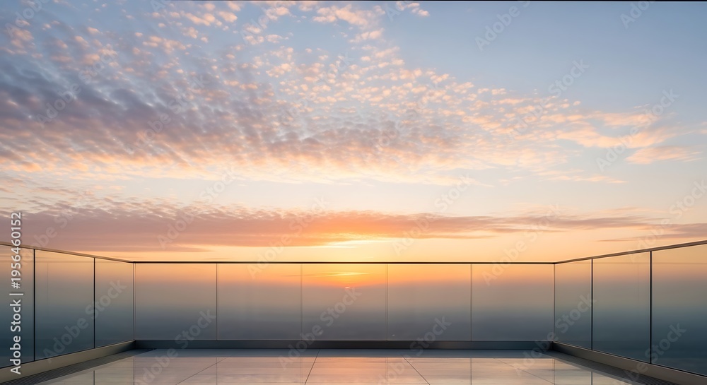 Fototapeta premium Modern balcony with glass railings overlooking a serene ocean sunset with soft clouds and warm light reflecting on the polished floor