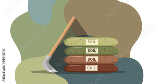 Graphic illustration showcasing gardening elements with stacked soil bags and digging tool