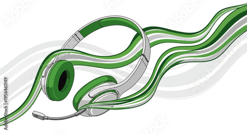 Green audio communication device with vibrant waves, digital illustration for auditory experiences