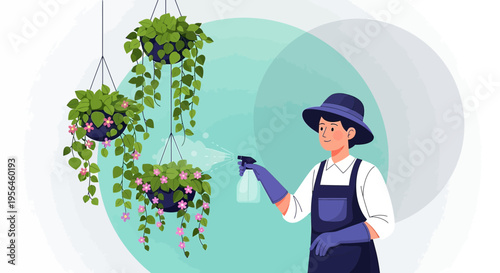 Gardener tending to hanging plants with a spray bottle in a serene indoor scene