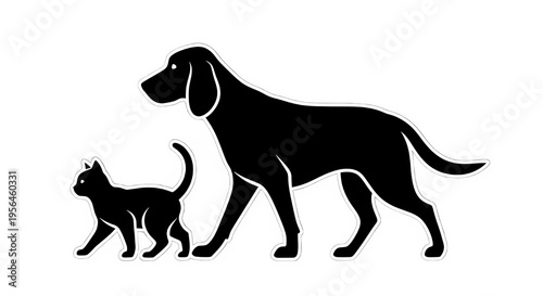 White outline of a dog and cat standing side by side isolated on transparent background