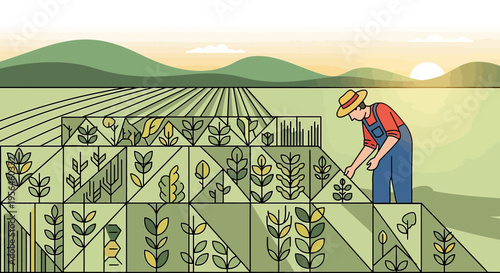 Geometric field of crops, stylized farmer tending to plants at sunset in linear style