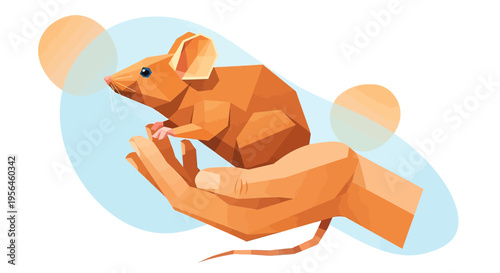 Geometric mouse resting gently in a cupped hand against soft blue backdrop illustration
