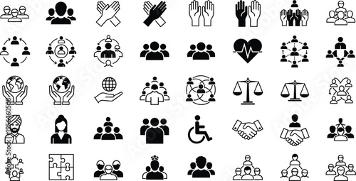 Human interaction icons set, teamwork communication community support symbols, partnership collaboration social network pictogram collection vector