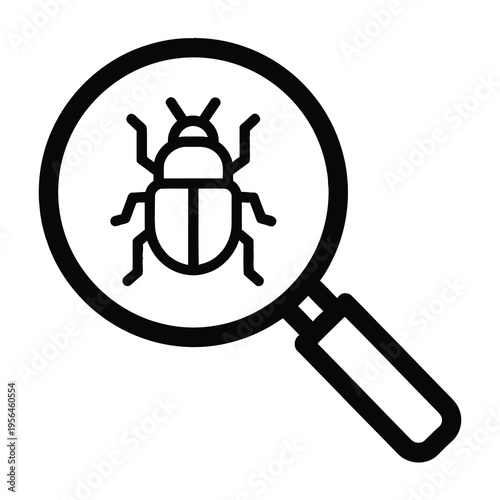 Magnifying glass examining bug icon simple line art design