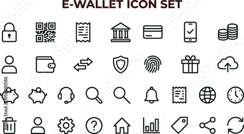 E wallet outline icon set featuring digital payment security banking transaction interface symbols for mobile finance applications and services