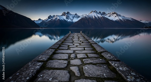 Serene stone pier leads to majestic snow capped mountains reflected in a calm lake at dawn or dusk