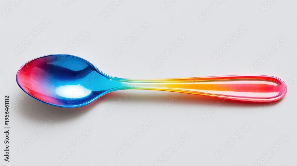 Fototapeta premium Metallic rainbow spoon resting on white studio surface close up