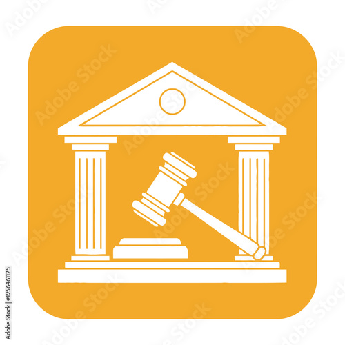 Courtroom gavel icon with judicial building symbolizing law and justice