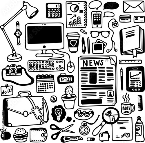 Desk supplies, technology, and office items arranged in a doodle art style with calendar, computer, camera, and newspaper for creative projects