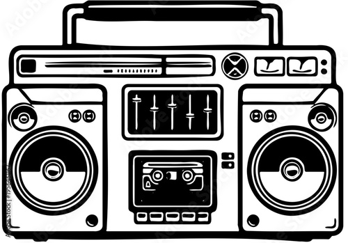 Classic Retro Portable Stereo Boombox Icon - Vintage Audio Device for Music Playback and Street Culture Illustration