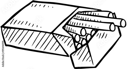 Hand-drawn sketch of an open pack of cigarettes, illustrating smoking and addiction