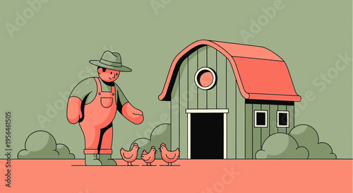 Illustrated agricultural scene featuring a farmer tending to chickens near a barnyard structure