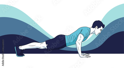 Illustrated athlete engaging in push-up exercise amidst stylized blue gradients and vector art