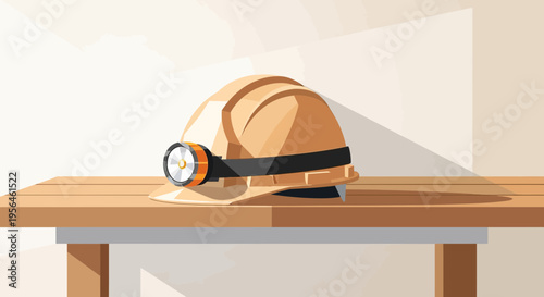Illuminated vector illustration: a hardhat with a light resting on a wooden surface in a room