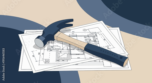 Hammer resting on construction blueprints depicting a new house floor plan design