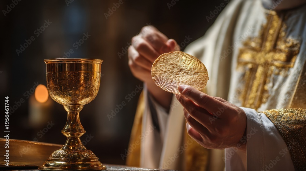 Obraz premium Cleric presenting eucharist wafer beside golden chalice altar