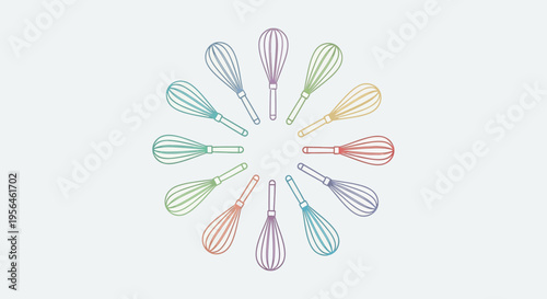 Harmonious circle formed by colorful whisks perfect for culinary design projects and kitchenware