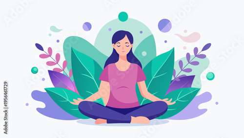 Woman meditating in lotus pose with green leaves background, flat vector illustration of mental health, wellness and mindfulness concept.