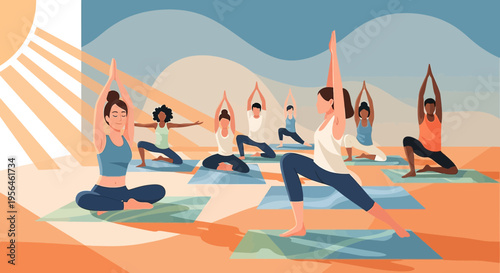 Harmonious yoga practice illustration diverse group under serene sky rays of sunshine