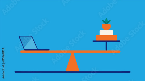 Work-life balance concept with laptop and plant on a seesaw, flat vector illustration of career and personal life harmony on blue background.