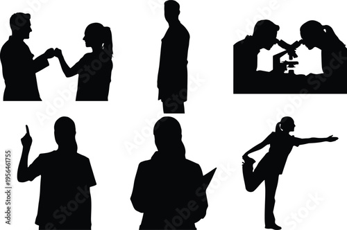 Doctor Silhouette Medical Professional Examining Patient and Lab Work with Microscope and Yoga Pose