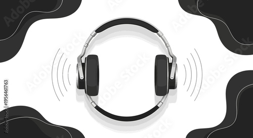 Headphones unleashing a symphony of sounds amidst abstract black wave designs on white backdrop