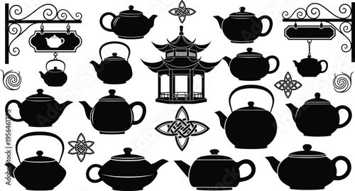 A collection of black silhouette teapots and decorative asian architectural elements on white isolated on white background