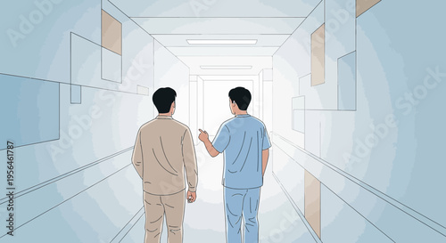 Healthcare worker guides patient down hospital corridor for consultation and checkup process