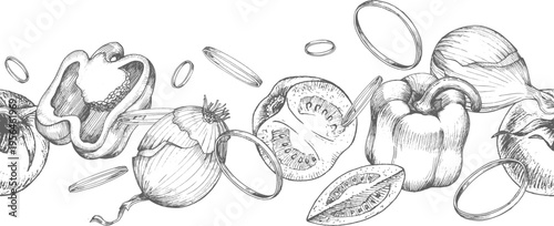Seamless border of the onions, tomatoes and bell peppers. Vector ink styled handmade illustration. For packaging design, cards, cover, prints, product labels and fabric.