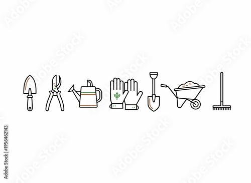 Gardening tools and equipment laid out on a surface for use.