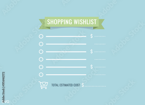 A shopping wishlist template with a green banner on a light blue background features blank lines for listing items and estimating costs.