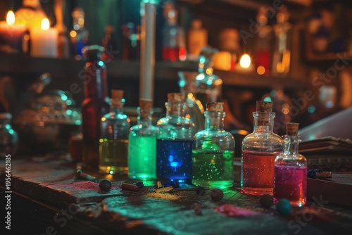 Alchemical table with glass vials colorful ingredients and candles in a dark mysterious old room