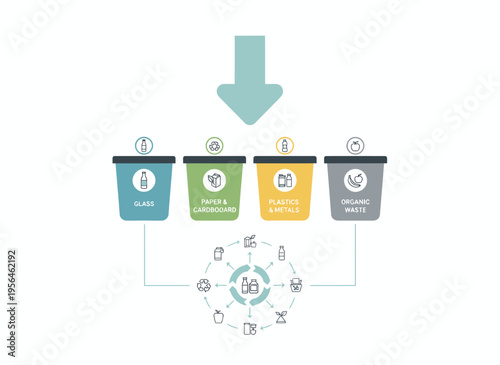 Recycling bins sort waste into categories with recycling symbol