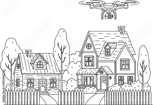 A black and white line art illustration of a modern drone flying over a quiet suburban neighborhood