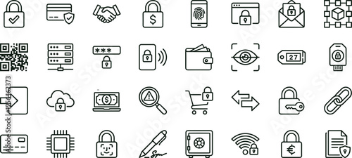 Digital security outline icon set featuring encrypted payment authentication privacy protection interface symbols for finance technology applications