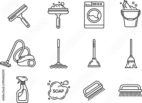 A collection of twelve simple line art icons representing various household cleaning equipment tools isolated on white background
