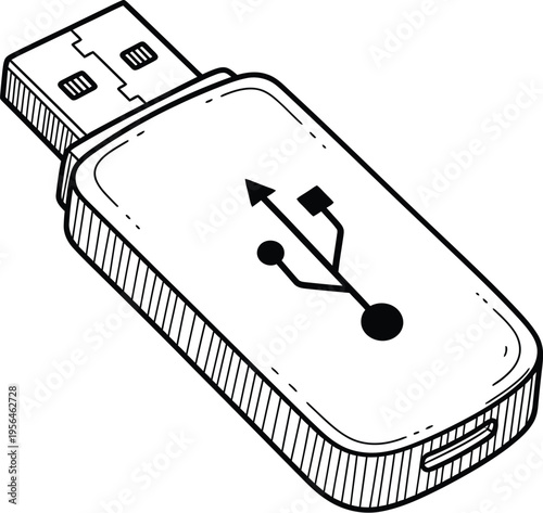 A black and white line art illustration of a portable usb flash drive for data storage devices