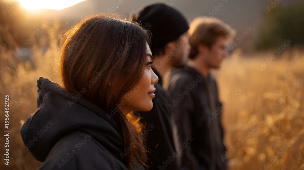 Fototapeta premium Three friends stand in a golden field at sunset looking into the distance with warm light