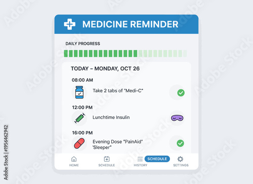 A medicine reminder app displays daily medication schedule on a screen.