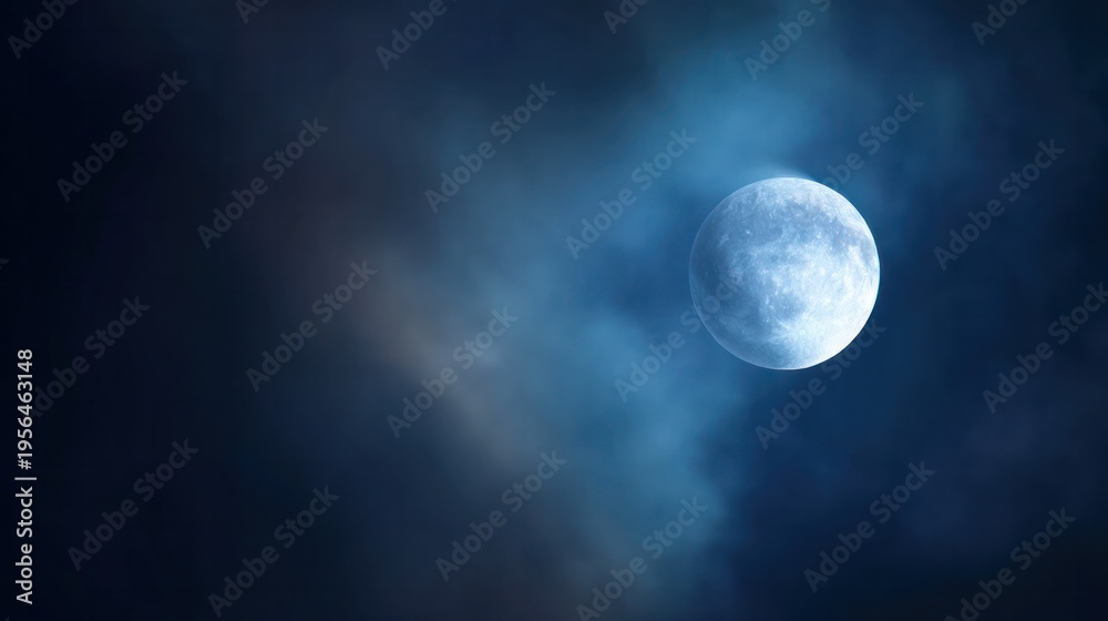 Fototapeta premium A supermoon shines in the night sky, with delicate clouds and cool blue tones, showcasing the details of the moon. Travel magazine.