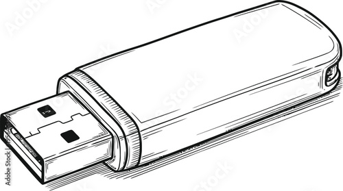 A detailed black and white line art illustration of a standard portable usb flash drive device
