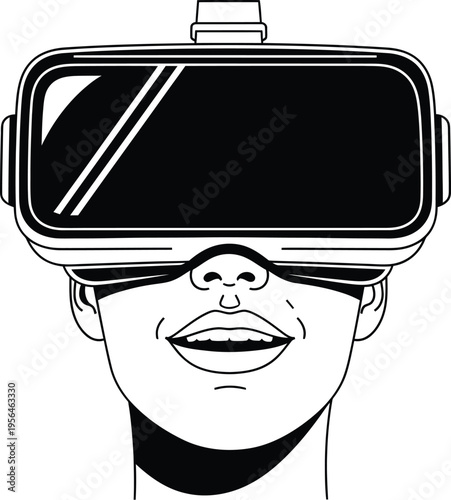 A black and white line art illustration of a person wearing a virtual reality headset smiling joyfully