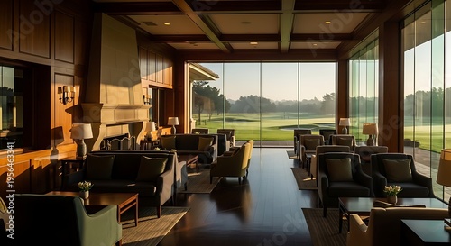 Luxury golf club lounge with panoramic window overlooking a serene golf course at sunrise