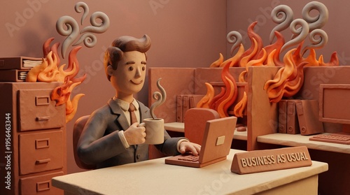 Businessman drinking coffee in a burning office. Claymation character at a desk with business as usual sign during a fire. Workplace burnout and crisis management concept