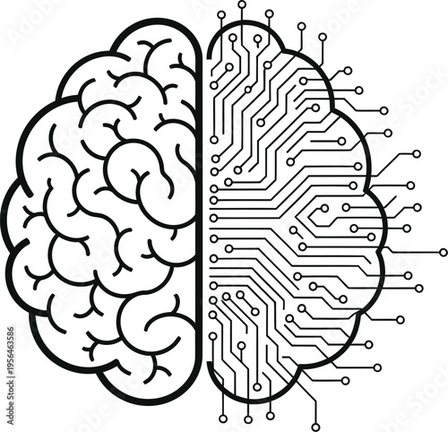 A conceptual illustration of a human brain merging with digital circuit board technology patterns