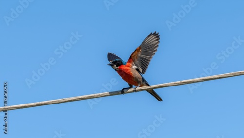 A red-breasted shrike flew away from a power line.