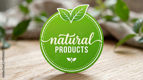 Green Natural Products Label with Leaves on Wooden Background for Organic and Eco-Friendly Branding