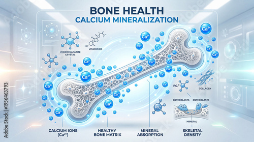 Bone Health Calcium Mineralization Infographic with Scientific Diagram and Blue Bubbles