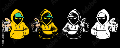 Yellow Graffiti Mascot Set Featuring Underground Urban Artist Characters for Streetwear Fashion.
